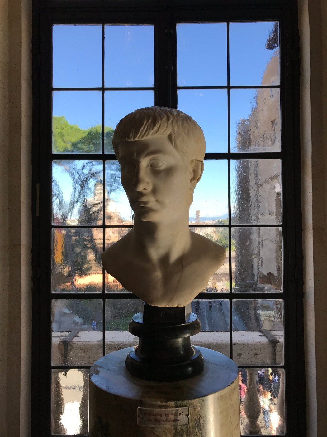 Marble portrait bust on a dark pedestal before a tall paned window