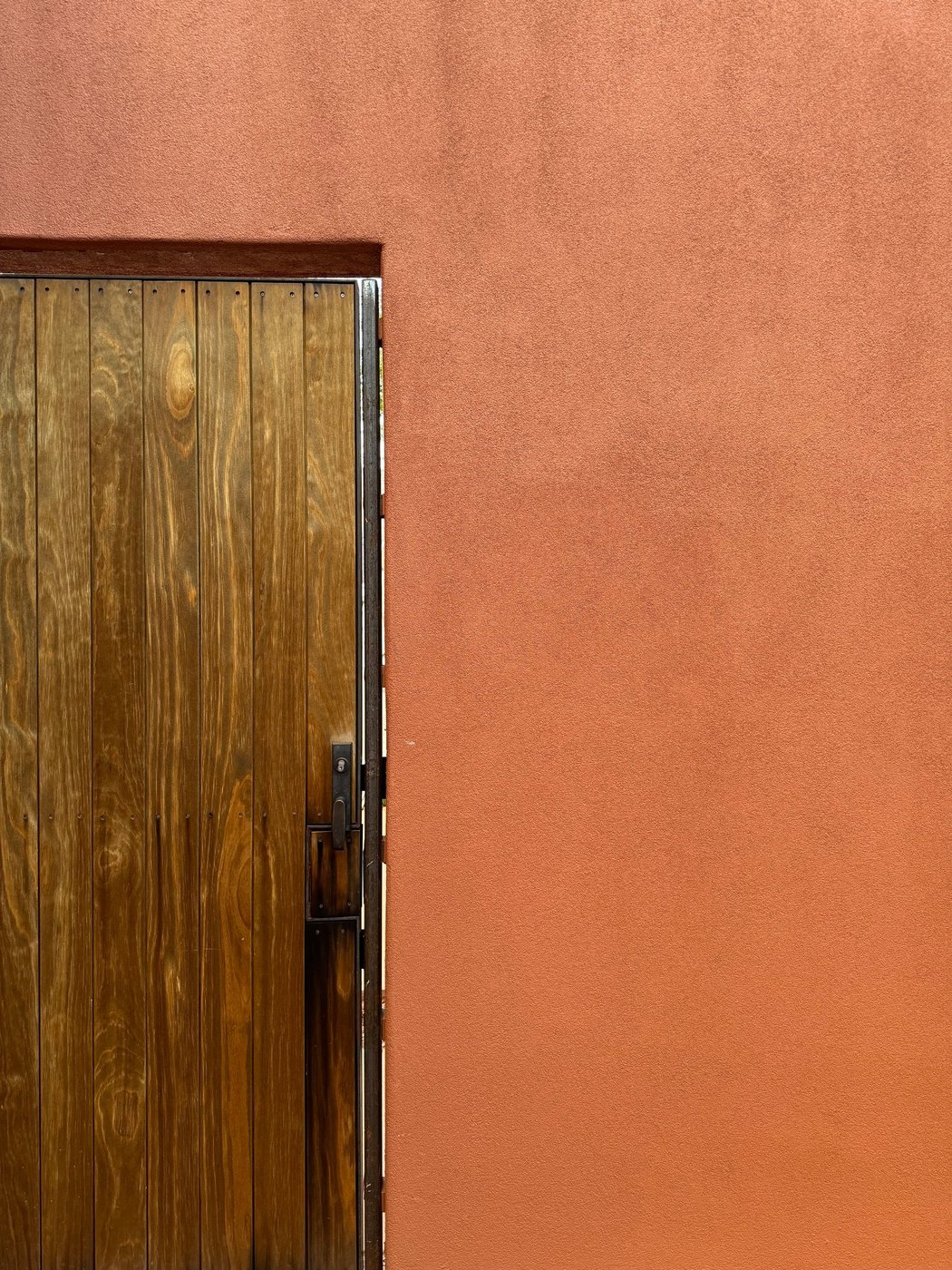Vertical plank wooden door set into a smooth terracotta stucco wall