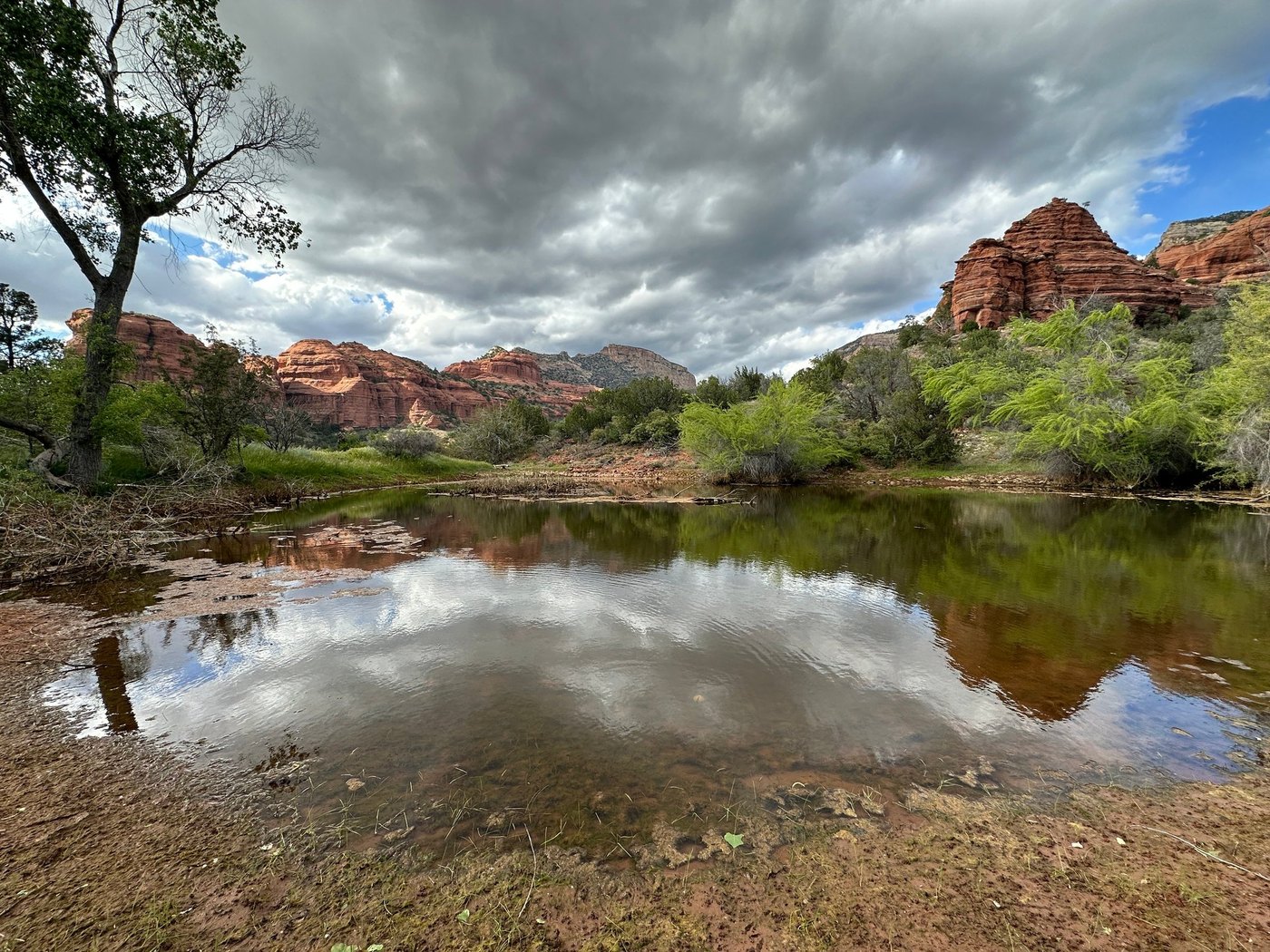 Still pond reflecting gray clouds, framed by green trees and red rock formations